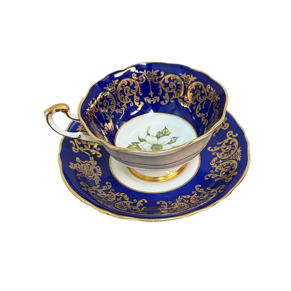 Paragon Teacup and Saucer Set Gold Blue Flower Dogwood 1958 Centennial